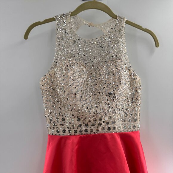 Beaded Rhinestone Bodice Pink Skater Dress Open Back Sleeveless Design Embellish - Picture 9 of 11
